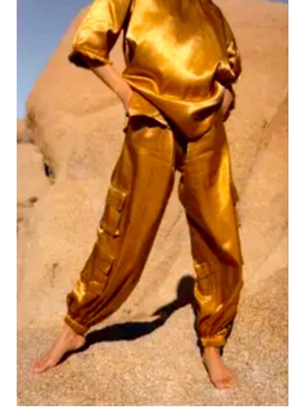 Rachel Zoe Petite Gold Satin Cargo Joggers XSP